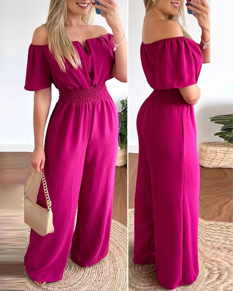 

Off Shoulder Shirred Waist Jumpsuit, Rose red