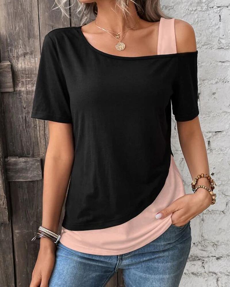 

Colorblock Cold Shoulder Short Sleeve Top, Pink
