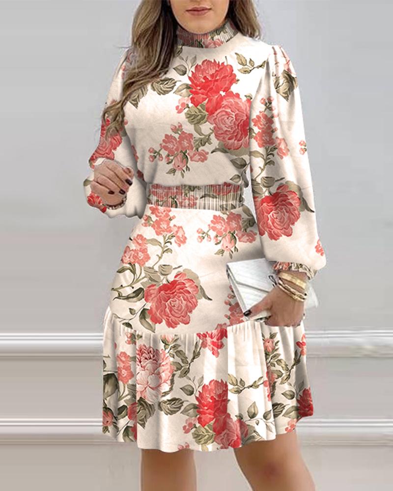 

Floral Print Lantern Sleeve Shirred Ruffles Dress, White