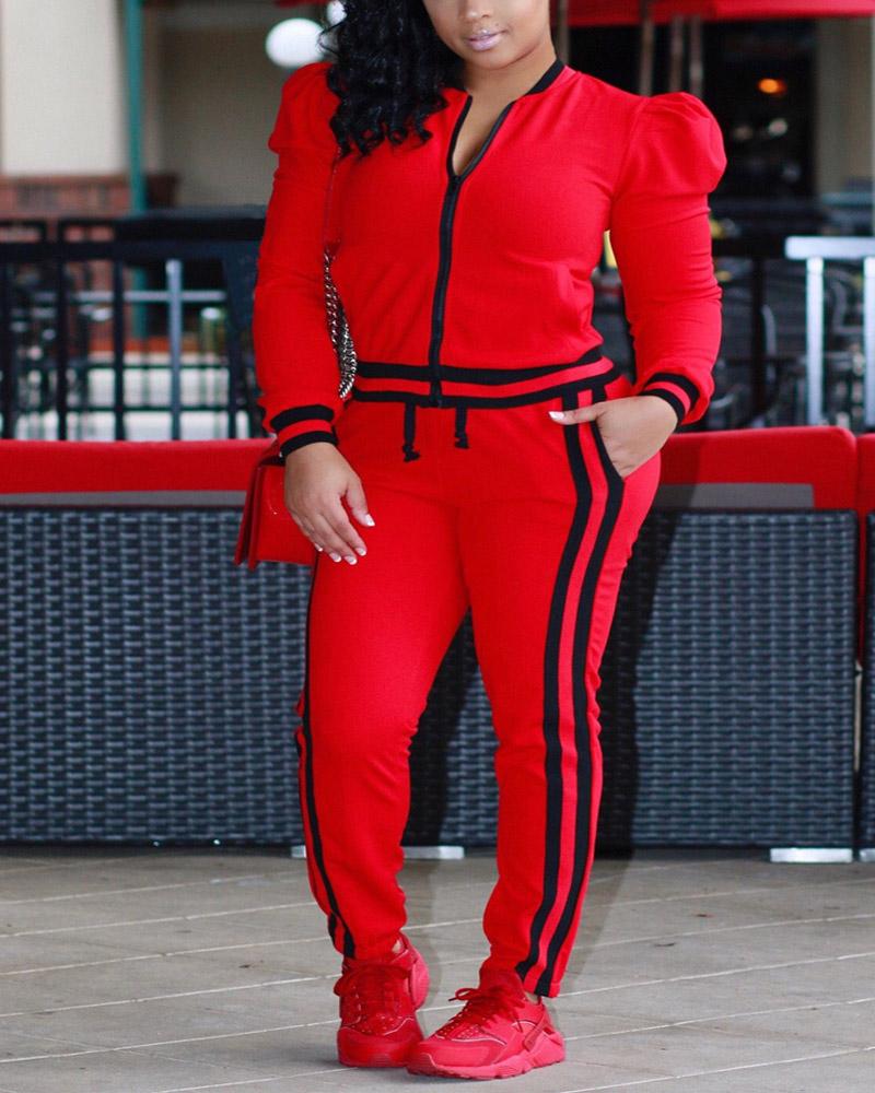 

Plus Size Contrast Paneled Zip Up Top & Pants Set, Red