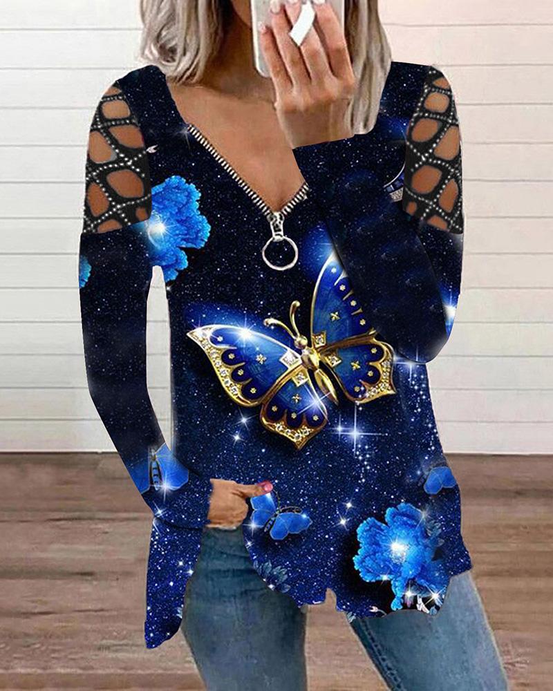 

Cutout Rhinestone Butterfly Floral Sparkling Sky Print Zipper Design Top, Blue