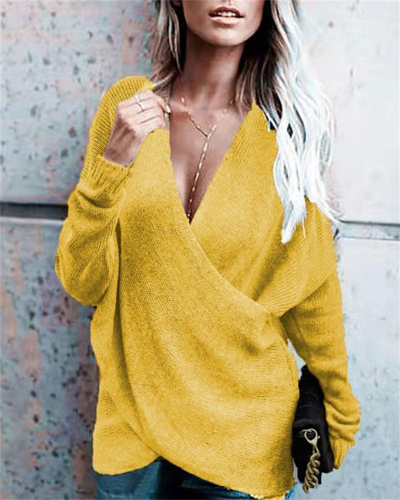 

Plus Size Long Sleeve Crisscross V-Neck Sweater, Yellow