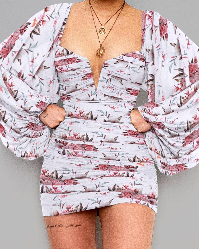 

Lantern Sleeve Floral print Ruched Bodycon Dress, White