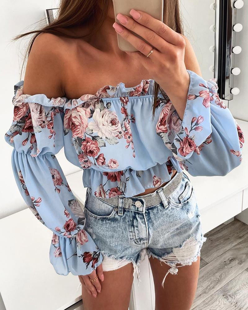 

Off Shoulder Frill Hem Floral Print Top, Lighted blue