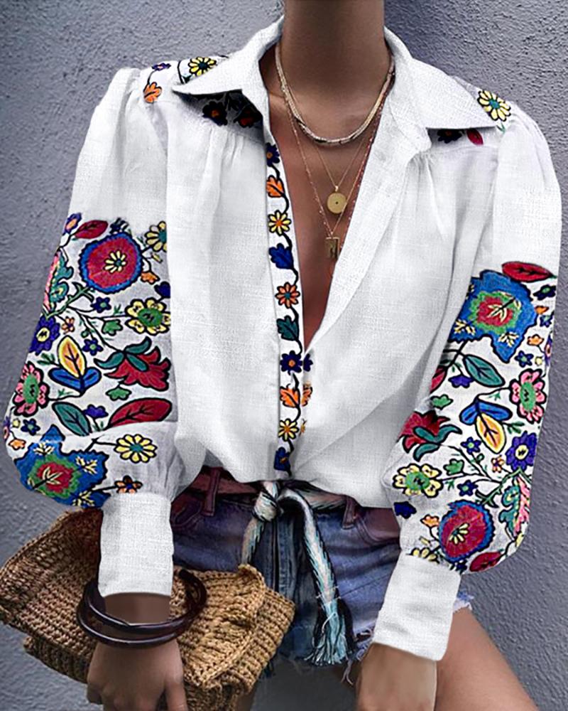 

Floral Print Lantern Sleeve Casual Blouse, White