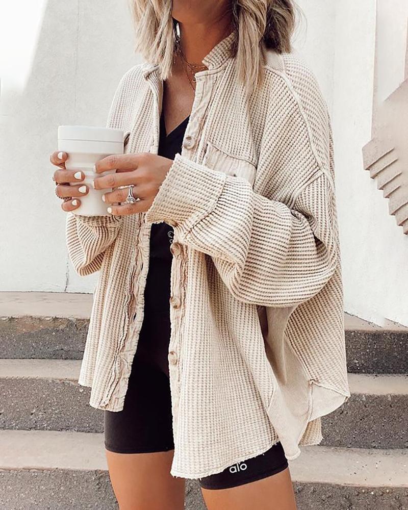 

Waffle Knit Button Front Long Sleeve Cardigan, Apricot