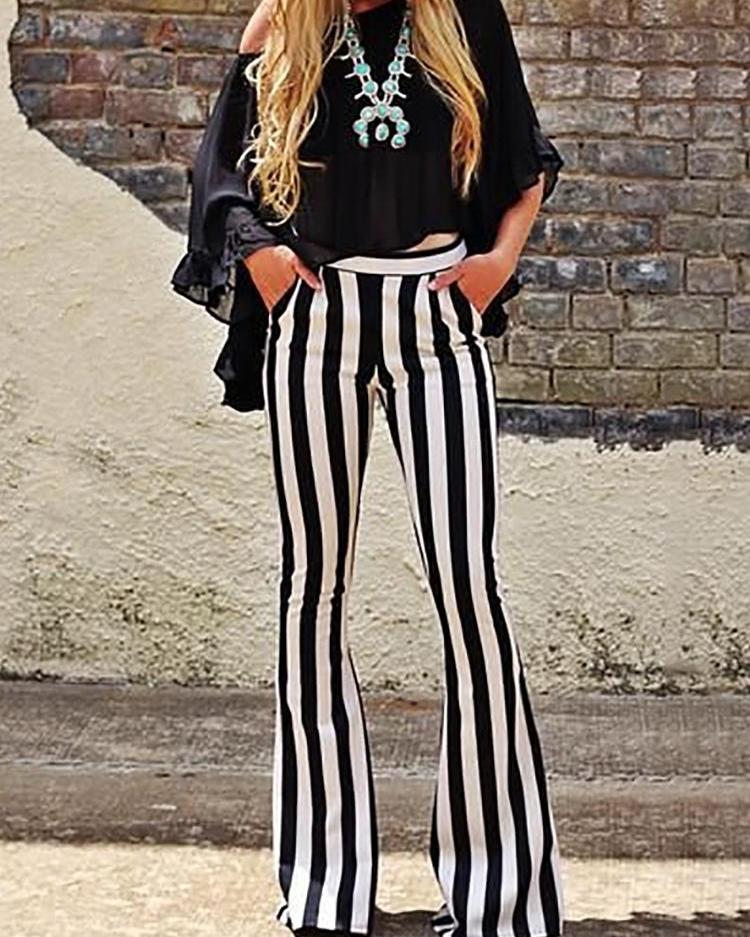 

Vertical Striped Casual Bell-Bottom Pants, Black