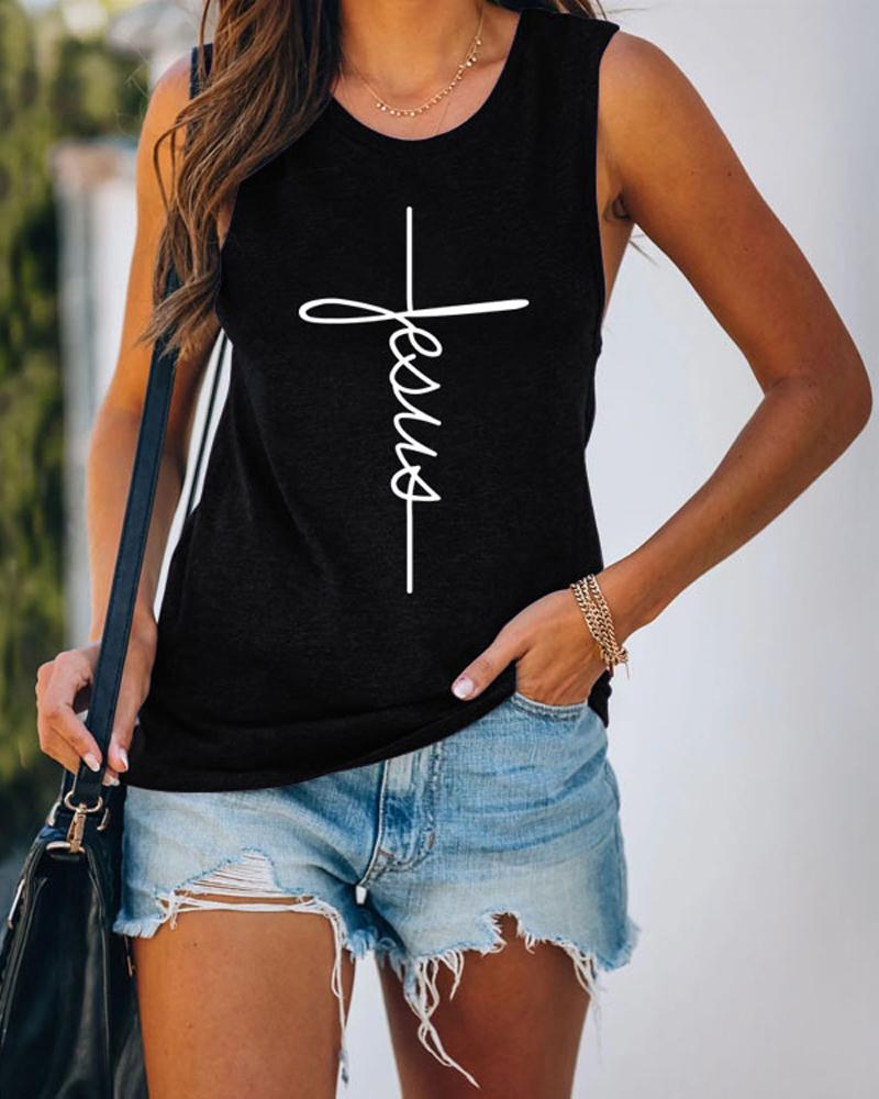 

Letter Cross Print Casual Tank Top, Black
