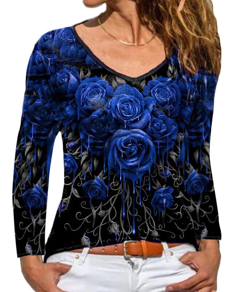 

Floral Print Long Sleeve Casual Top, Blue