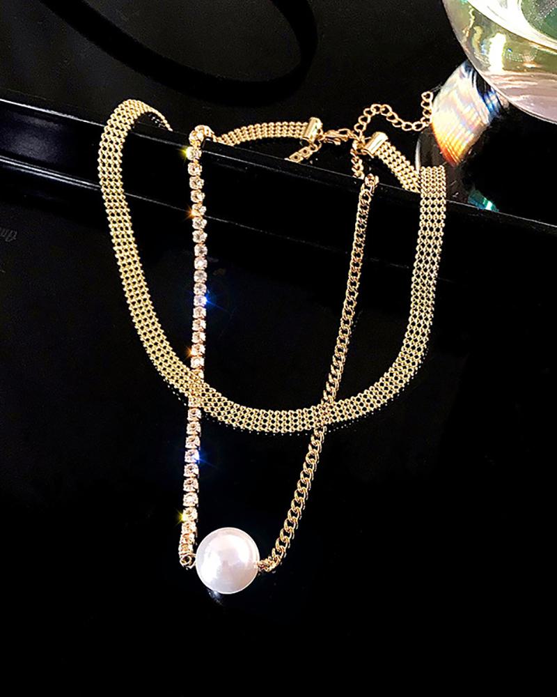 

Faux Pearl Pendant Rhinestone Chain Layered Necklace, Gold
