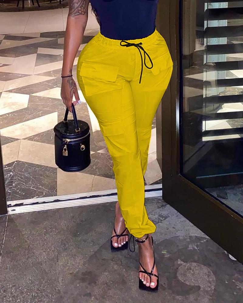 

High Waist Drawstring Pocket Design Cuffed Pants, Yellow