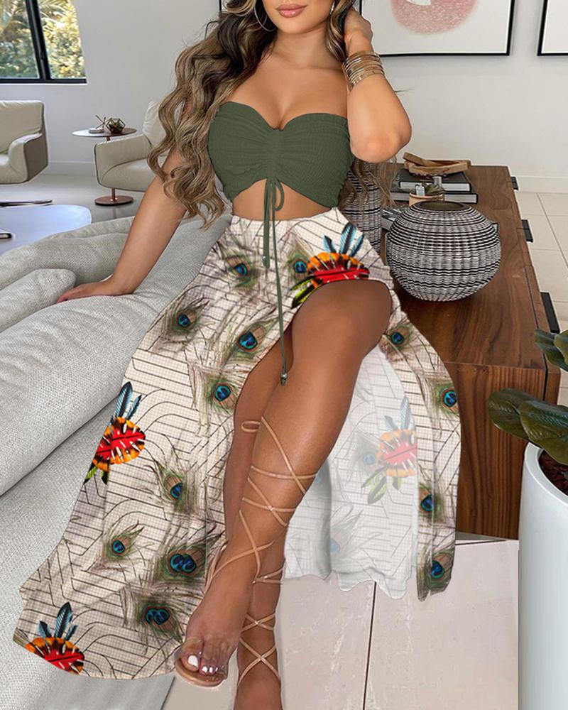 

Plain Bandeau Crop Top & High Slit Floral Print Skirt Sets, Army green