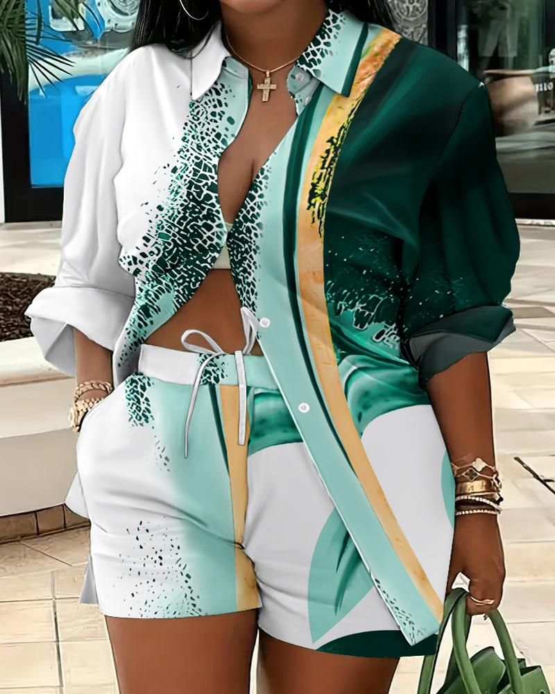 

Plus Size Tie Dye Print Shirt & Drawstring Shorts Set, Green