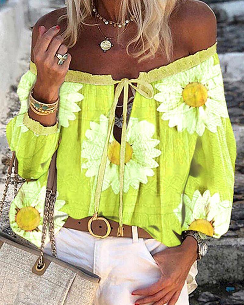 

Daisy Print Off Shoulder Long Sleeve Shirt, Yellow
