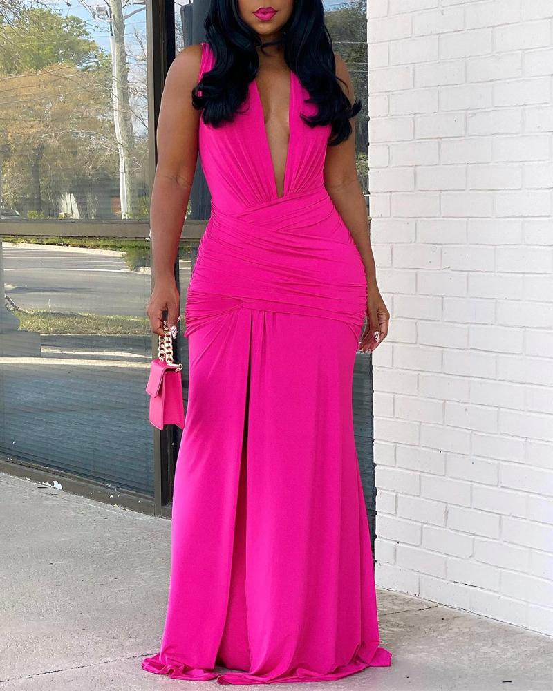 

Plunging Neck Ruched High Slit Party Dress, Pink