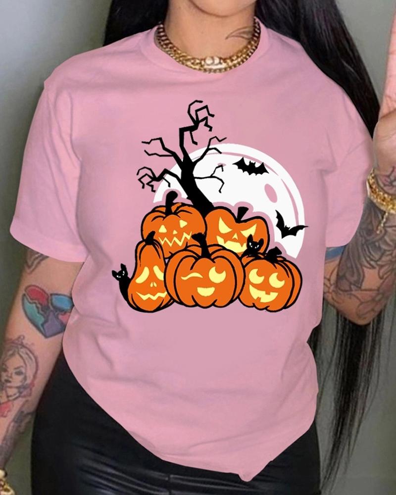 

Halloween Pumpkin Graphic Print Casual T-shirt, Pink