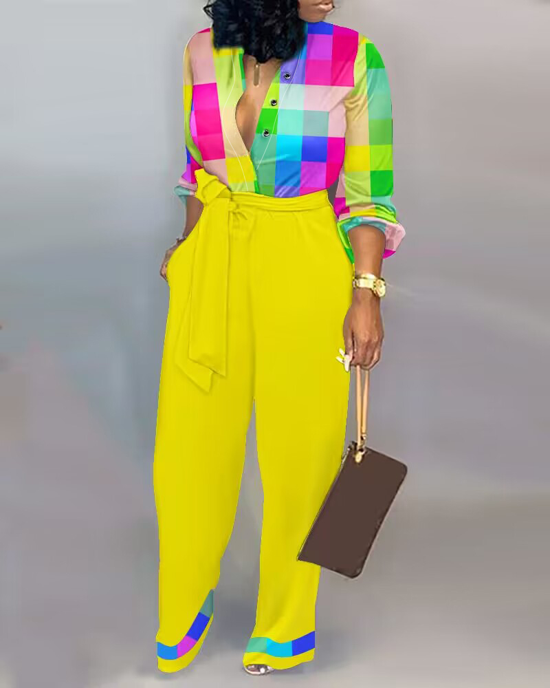 

Colorful Plaid Print Tied Detail Casual Jumpsuit, Yellow