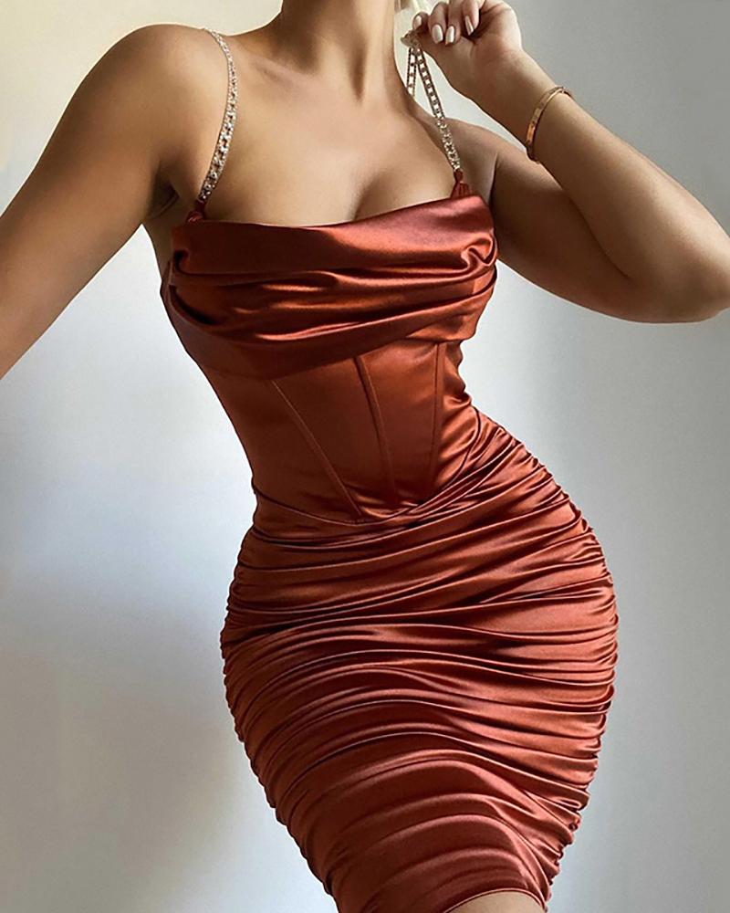 

Chain Strap Ruched Satin Corset Bodycon Dress, Coffee