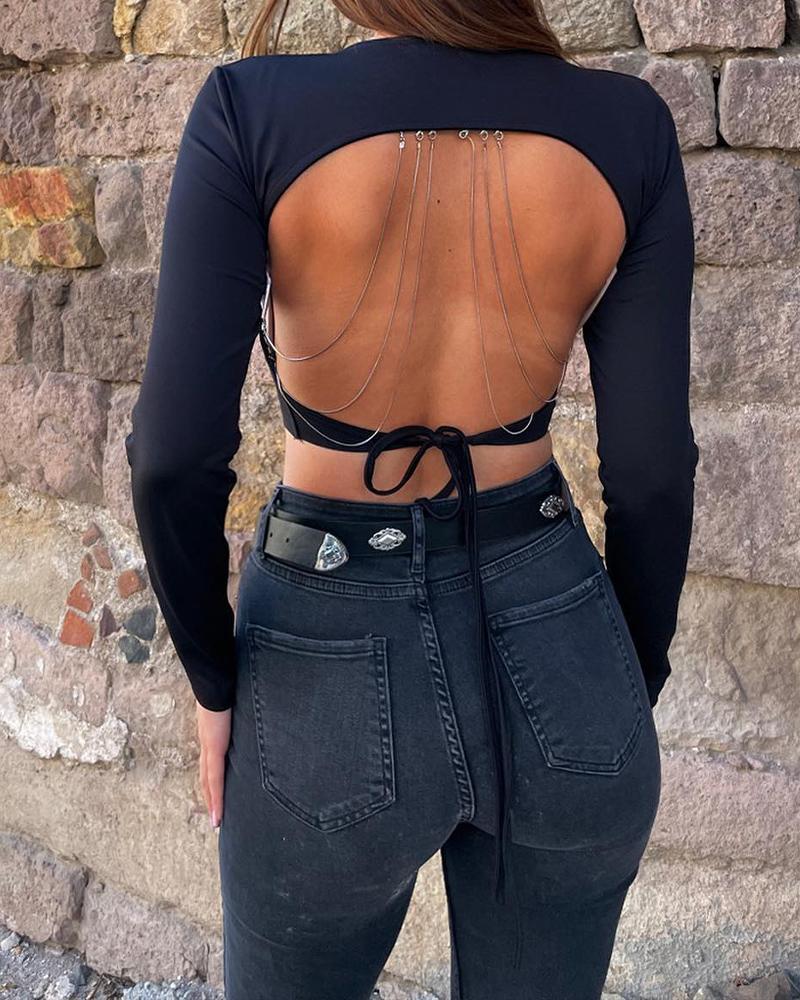 

Chain Decor Backless Long Sleeve Crop Top, Black