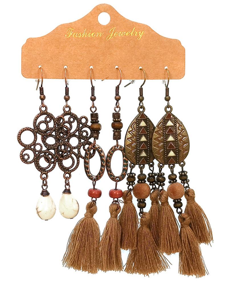 

3Pairs Bohemian Tribal Hollow Out Geometric Tassel Earrings Set, Style2