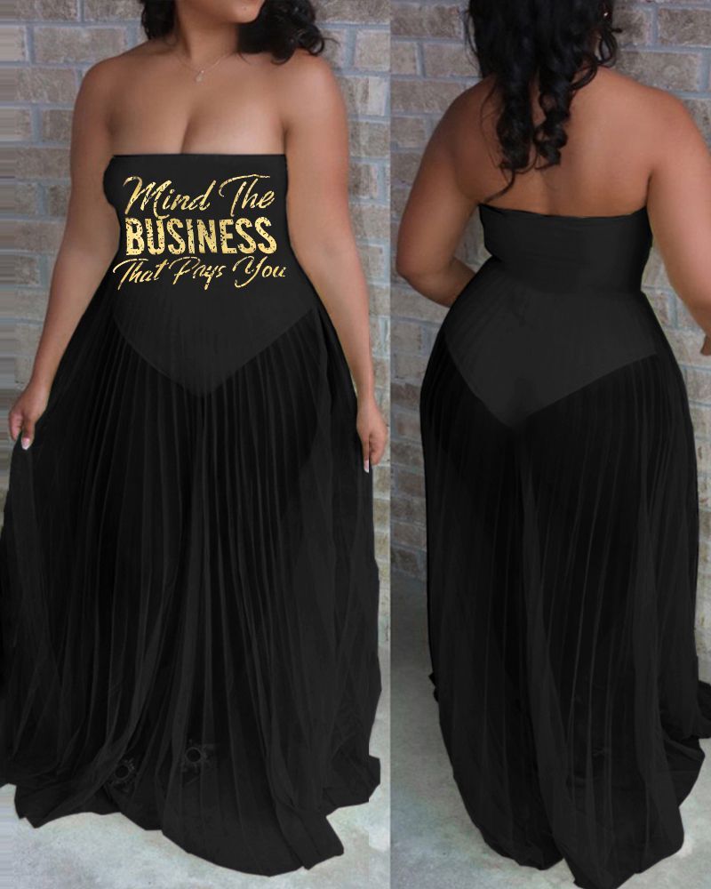 

Letter Print Bandeau Ruched Maxi Dress, Black