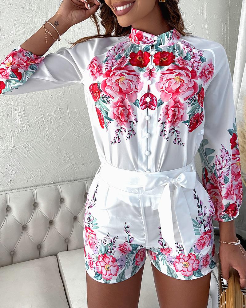 

Lantern Sleeve Floral Print Buttoned Top & Shorts Set With Belt, White