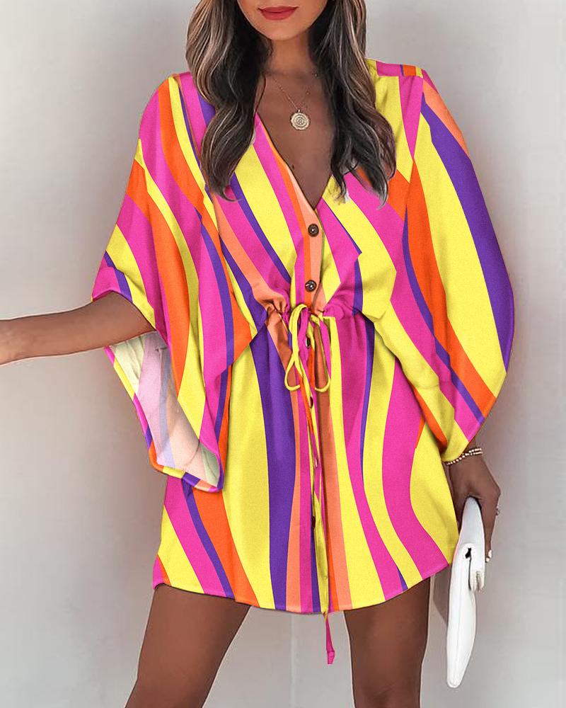 

Allover Print Button Front Drawstring Casual Dress, Multicolor