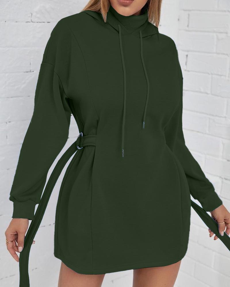 

Tied Detail Drawstring Long Sleeve Casual Dress, Army green