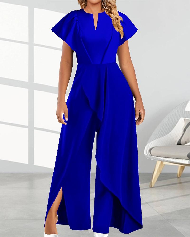 

Ruffle Hem Slit Wide Leg Jumpsuit, Blue