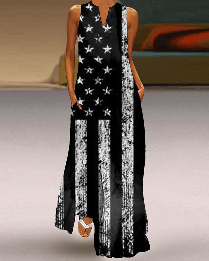 

Independence Day Flag Print Notch Neck Maxi Dress, Black
