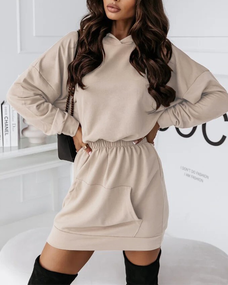 

Long Sleeve Pocket Detail Casual Sweatshirt Dress, Apricot