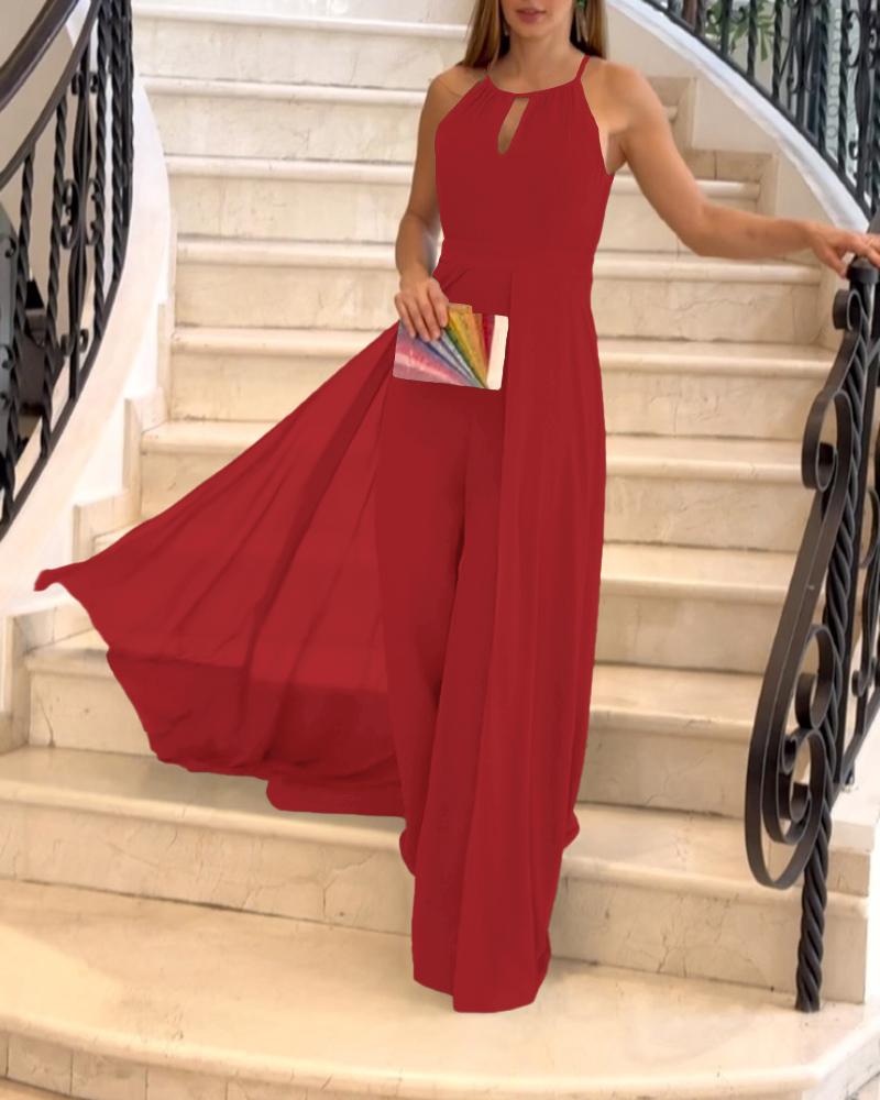

Sleeveless Ruched Asymmetrical Jumpsuit, Red