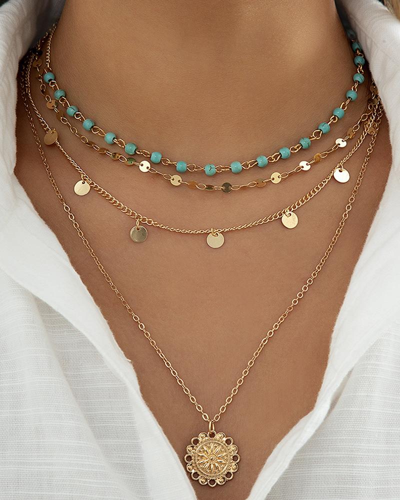 

4pcs Multi-layer Beaded turquoise Disc Pendant Necklaces Set, Gold