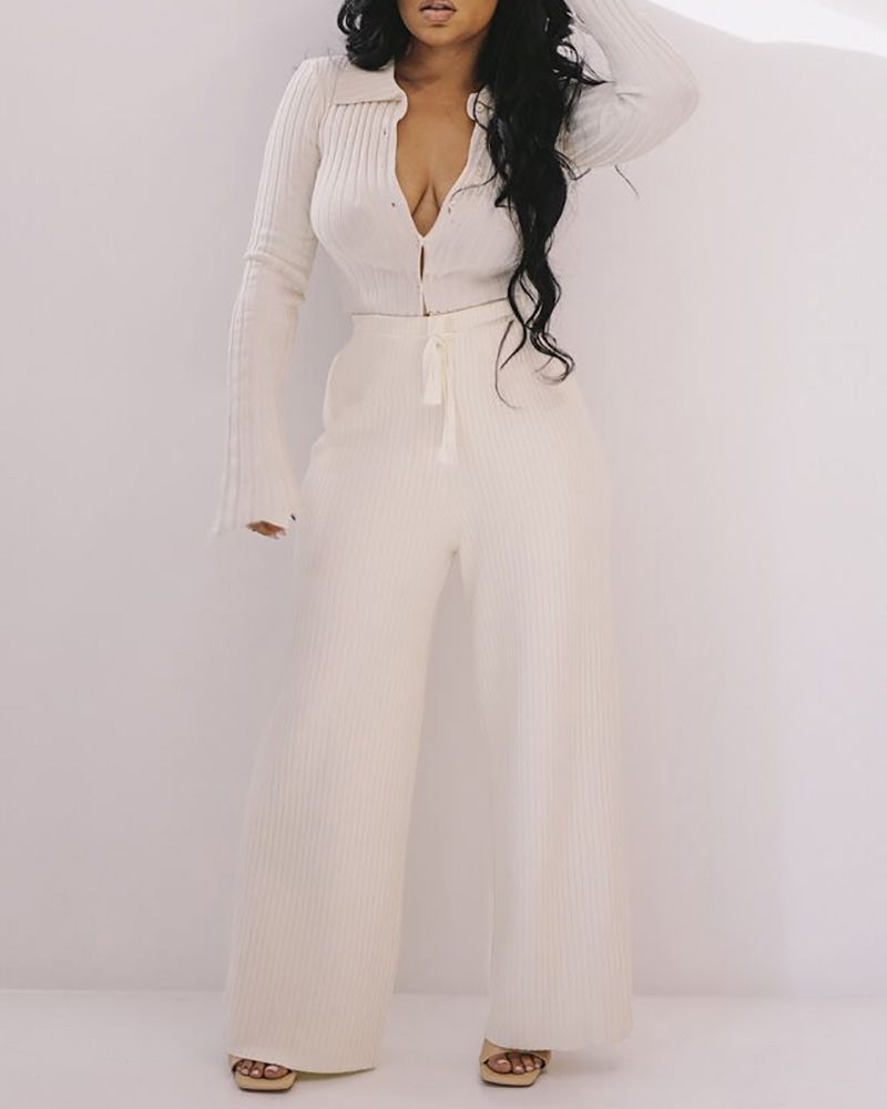 

Ribbed Buttoned Bell Sleeve Top & Drawstring Pants Set, White