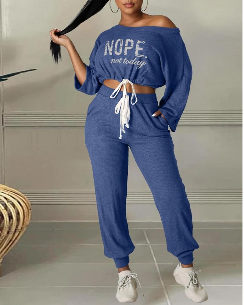 

Letter Print Drawstring Crop Top & Pants Set, Blue