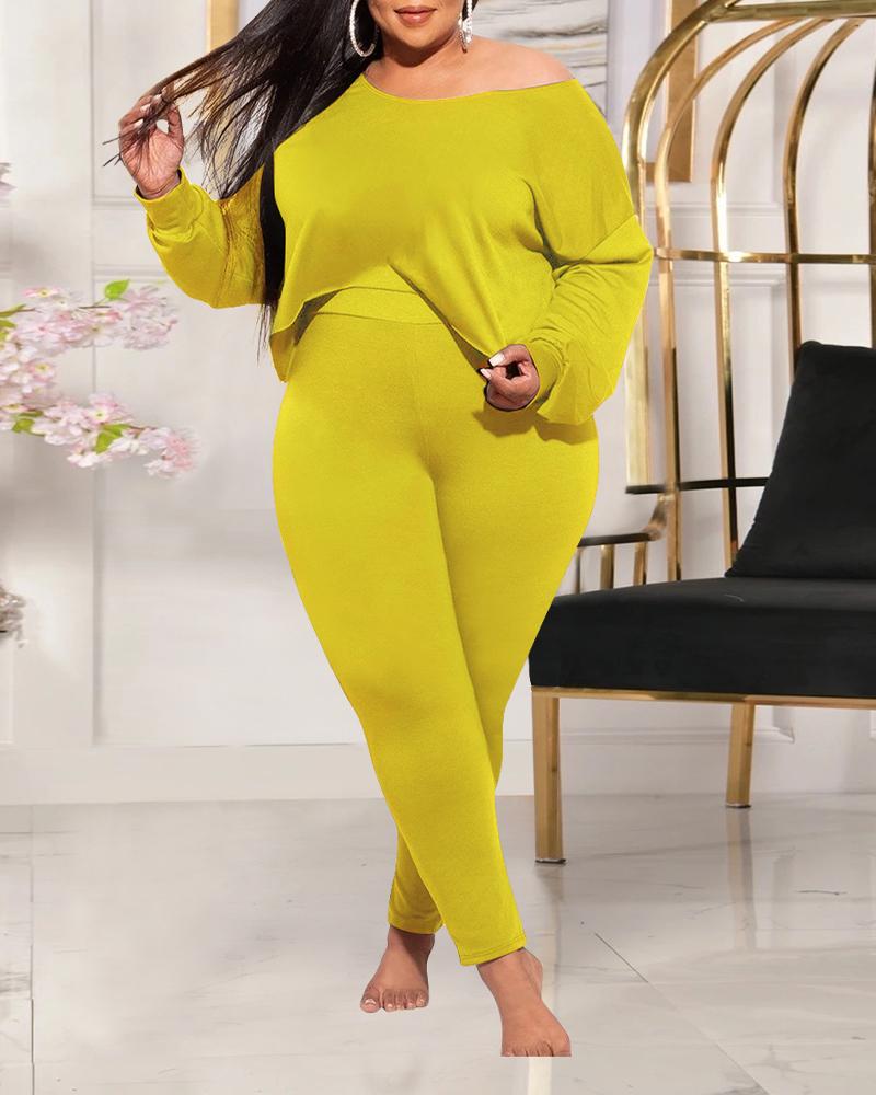 

Plus Size Long Sleeve Asymmetrical Hem Top & Pants Set, Yellow
