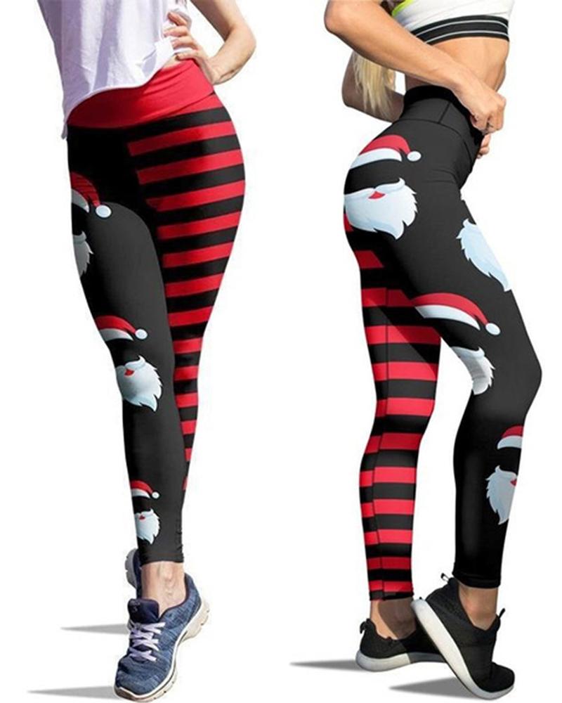 

Christmas Santa Striped Print High Waist Leggings, Black