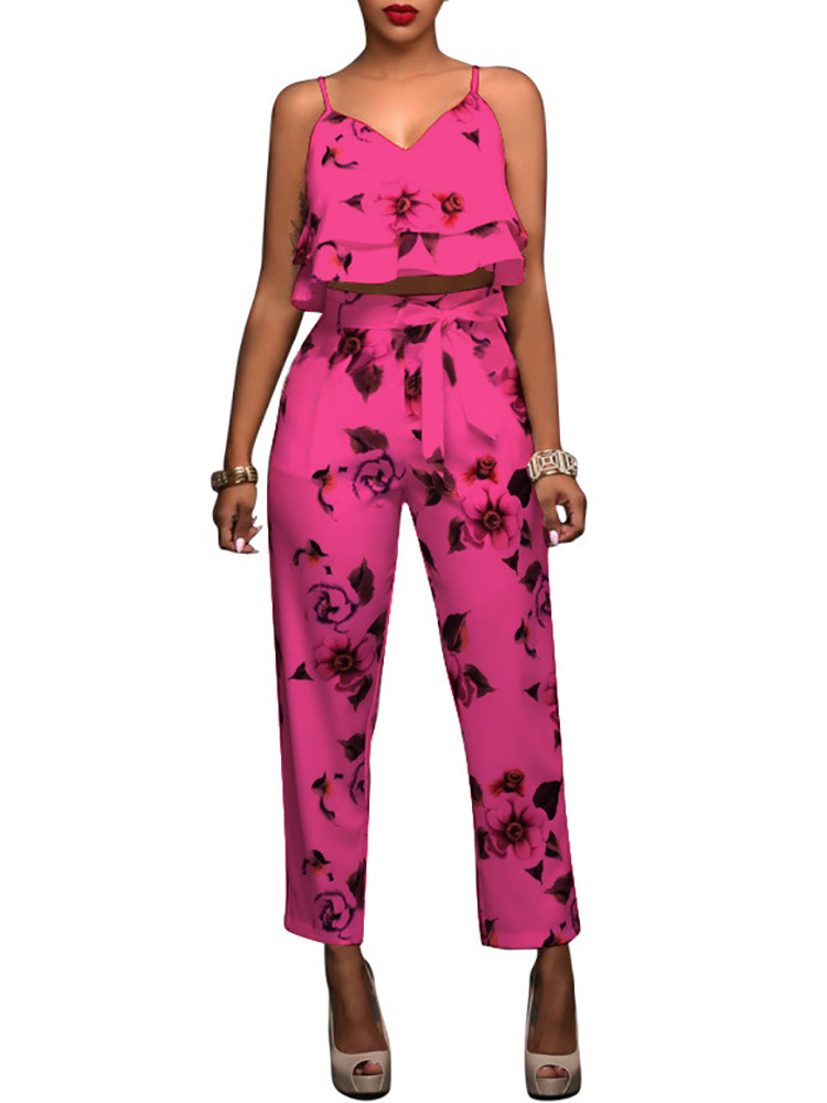 Stylish Flounced Spaghetti Strap Floral Cropped Twinset