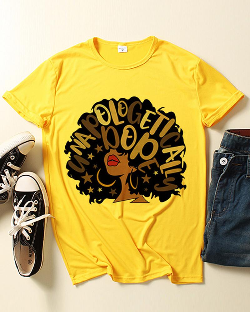 

Figure Letter Print Round Neck T-shirt, Yellow