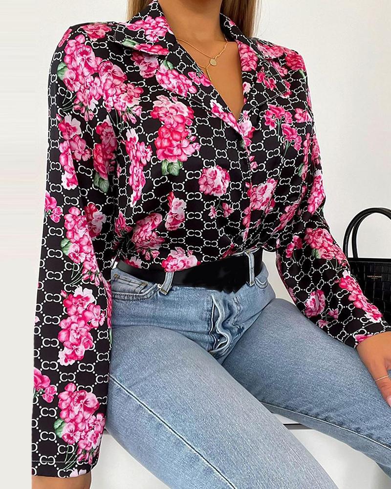 

Floral Print Long Sleeve Casual Top, Black