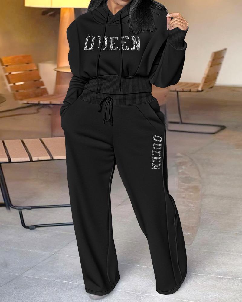 

Conjunto de 2 peças com capuz e cordão, design 3D, cintura elástica, calças de moletom largas, conjunto casual de moletom com estampa de letras e strass, Black