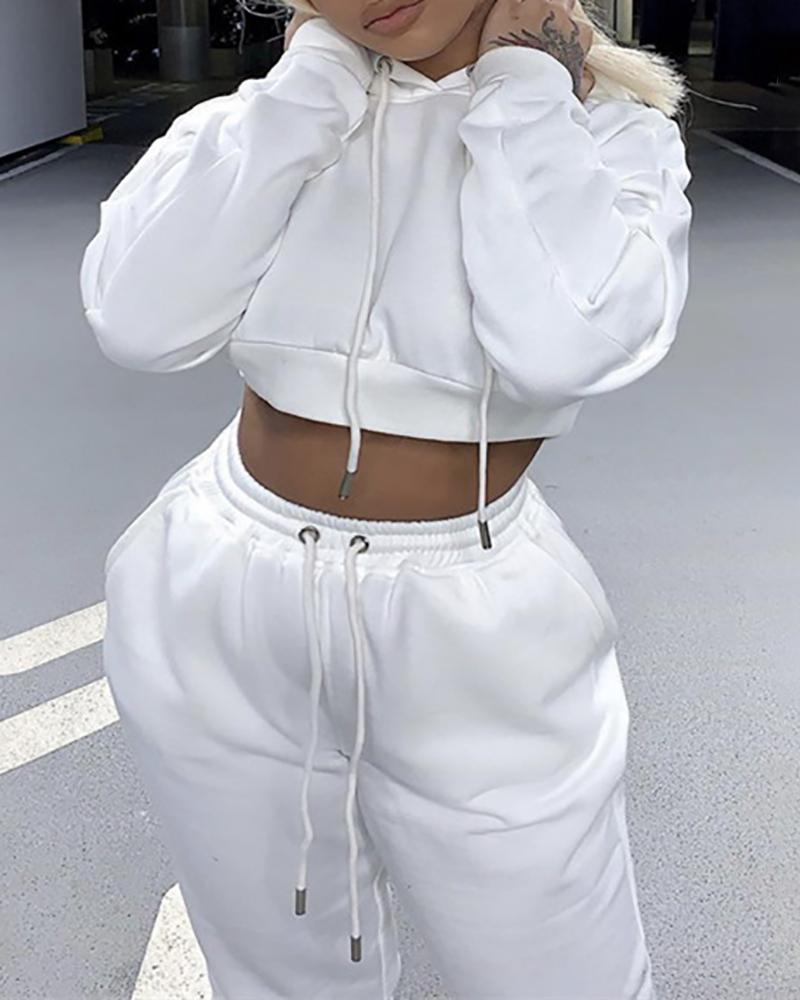 

Lantern Sleeve Drawstring Hooded Crop Top & Pants Set, White