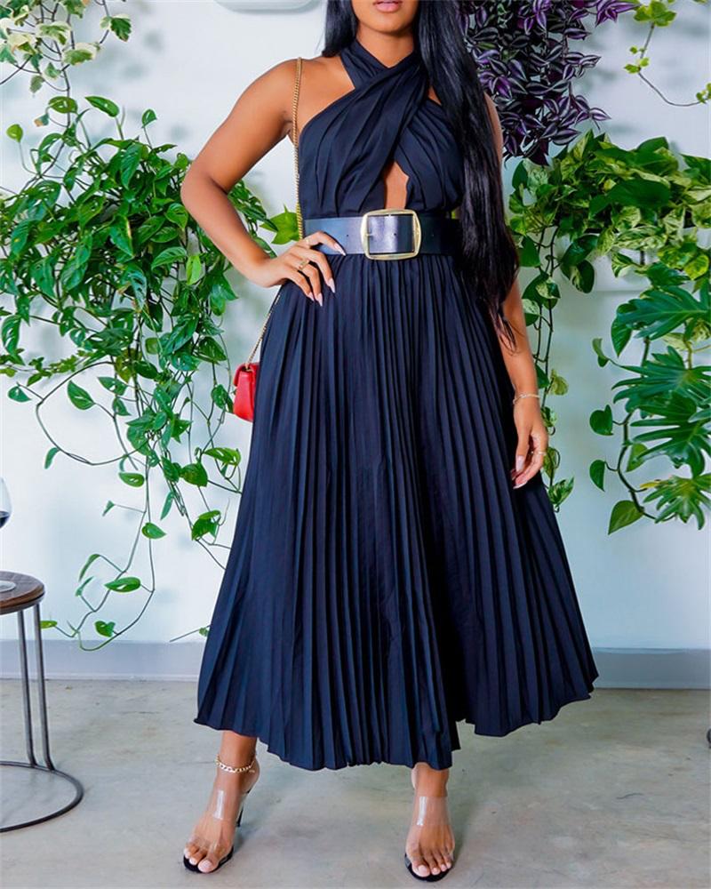 

Sleeveless Crisscross Halter Pleated Dress, Dark blue