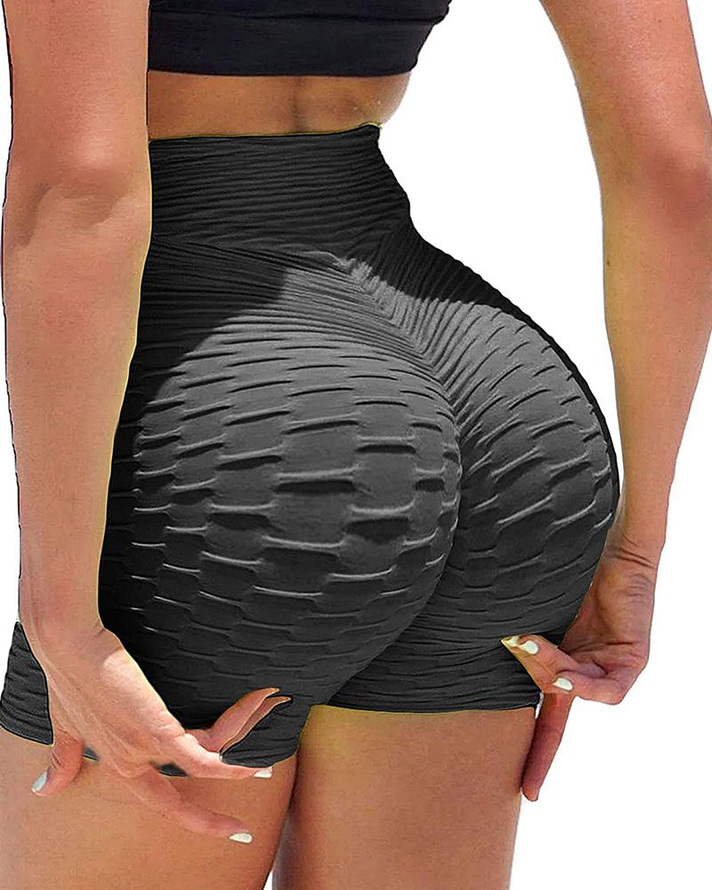 

High Waist Booty Shorts Butt Lifting Bubble Textured Yoga Shorts, Black