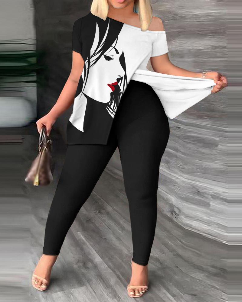 

Plus Size Abstract Figure Print Split Hem Top & Pants Set, Blackwhite