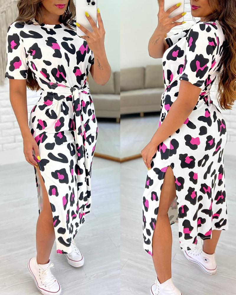 

Pink Leopard Print Tied Detail Slit Casual Dress, White