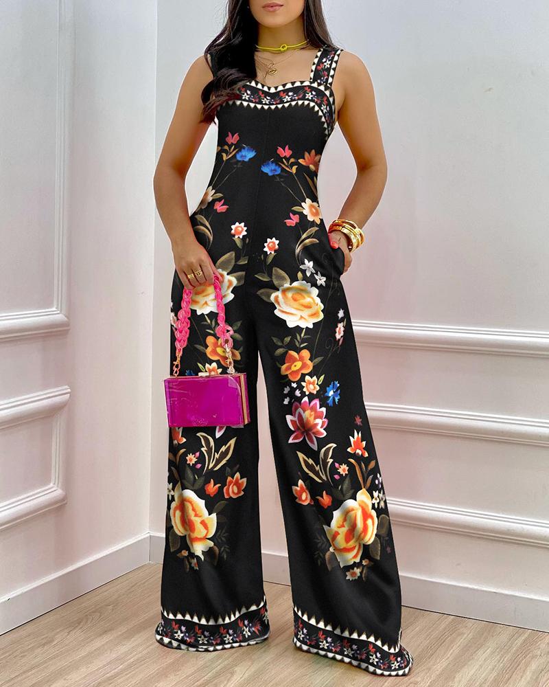 

Floral Tribal Print Thick Strap Wide Leg Jumpsuit, Black