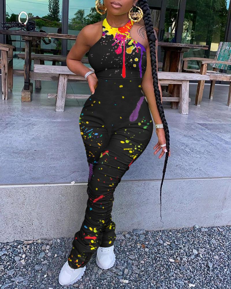 

Ink Splash Print Sleeveless Ruched O-Neck Skinny Jumpsuit, Black