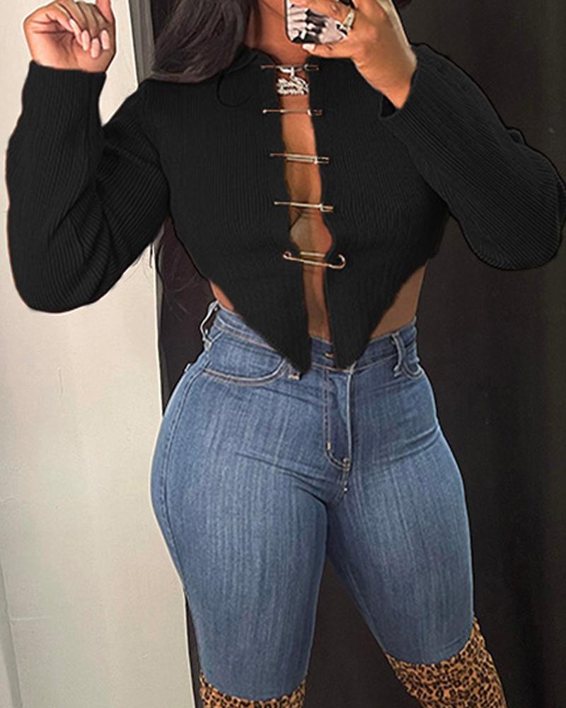 

Long Sleeve Asymmetrical Hem Sweater, Black