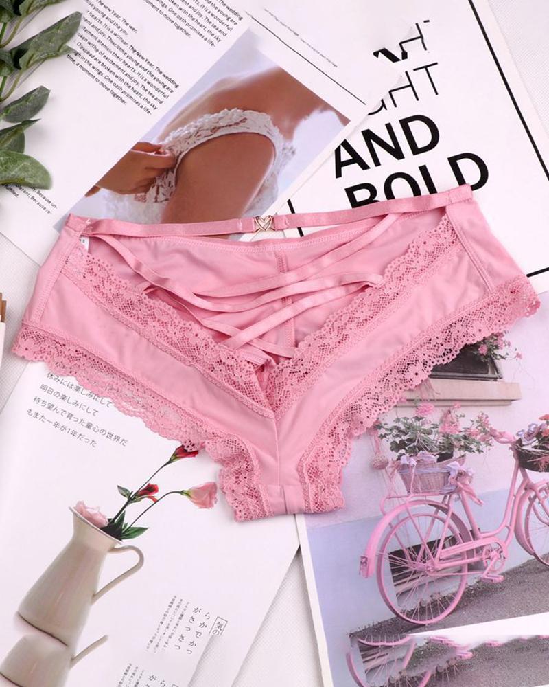 

Crochet Lace Trim Low Waist Lace-up Skinny Panty, Pink